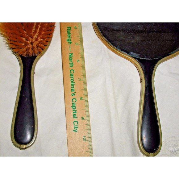 Antique Chinese Bakelite Black and Gold Large Hand Painted Mirror and Brush Set - Picture 3 of 12